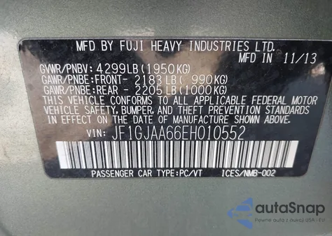 2014 Subaru Impreza 2.0I z USA, uszkodzony, nr VIN JF1GJAA66EH010552